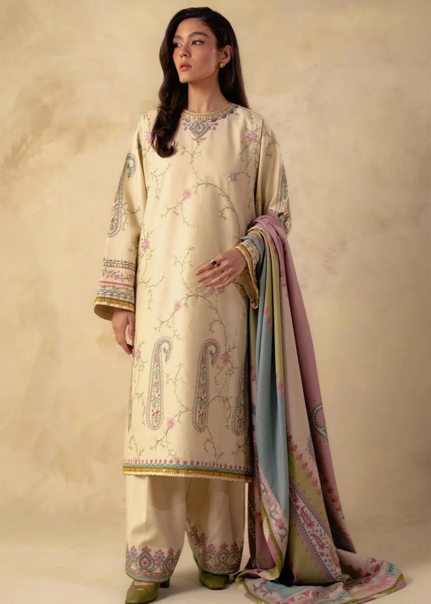 Zara Shahjahan - 3PC Embroided Dhanak Suit -KSH5034