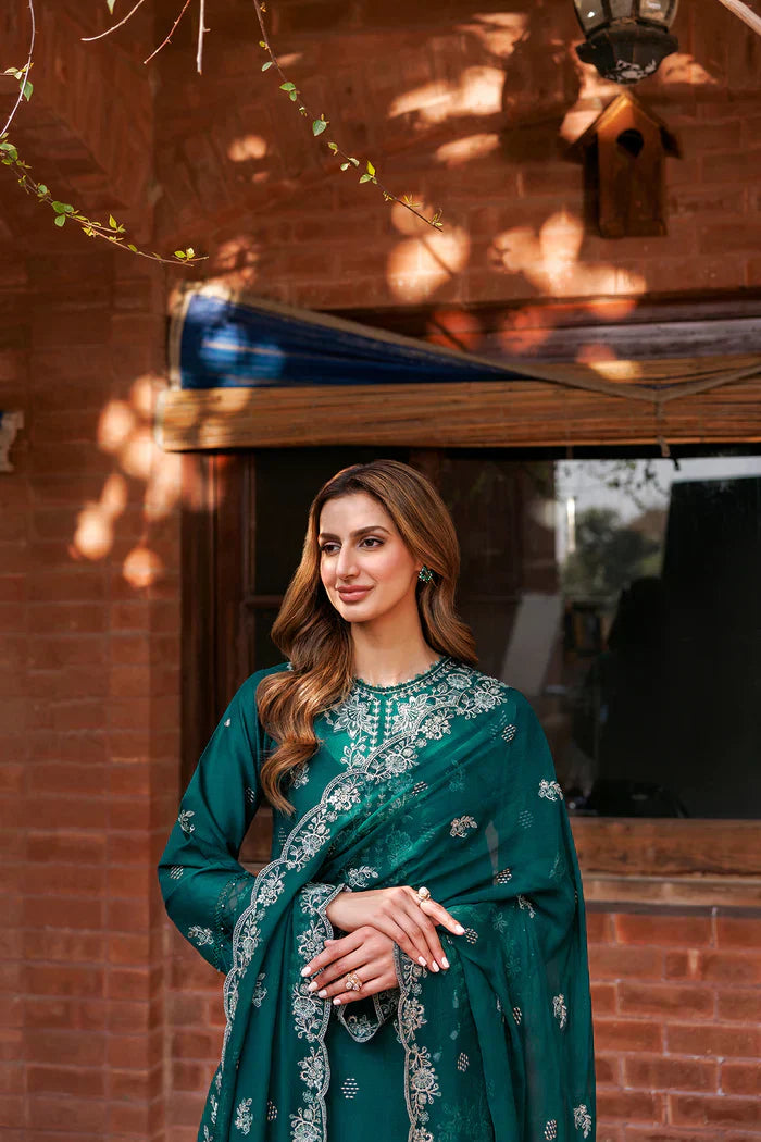 MARIA B - 3PC DHANAK EMBROIDERED SHIRT WITH TWILL PRINTED SHAWL AND TROUSER -KSH5003