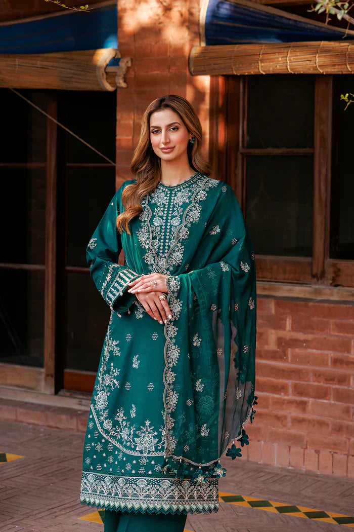 MARIA B - 3PC DHANAK EMBROIDERED SHIRT WITH TWILL PRINTED SHAWL AND TROUSER -KSH5003