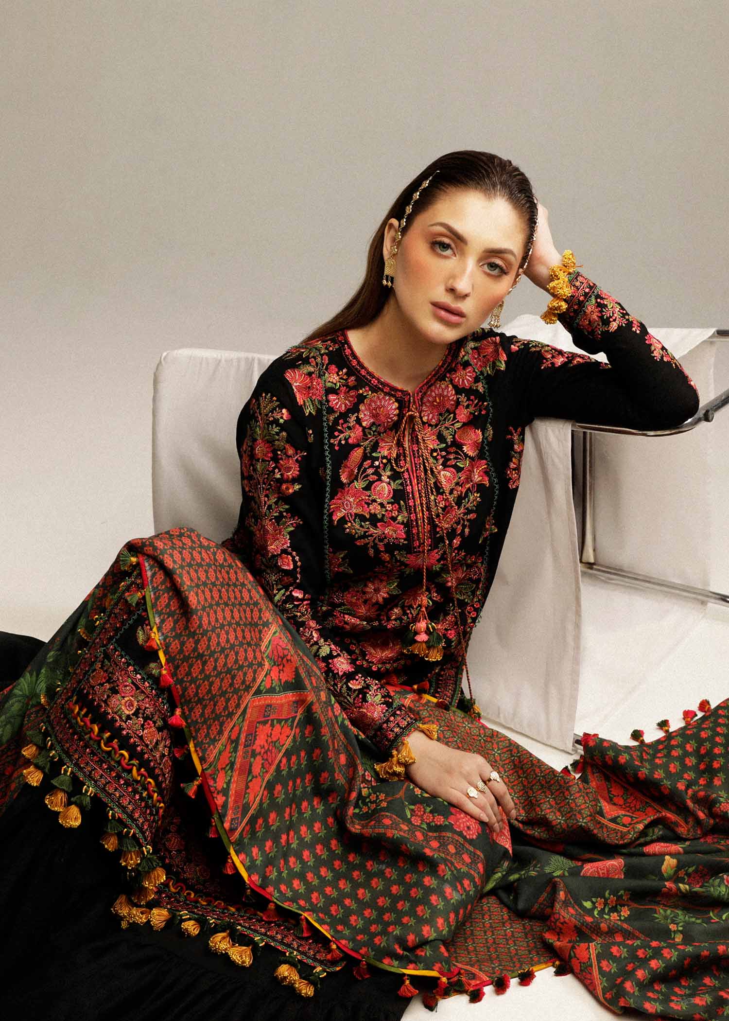 HUSSAIN REHAR - 3PC Dhanak EMBROIDERED SHIRT WITH Dhanak printed DUPATTA AND TROUSER-KSH5005