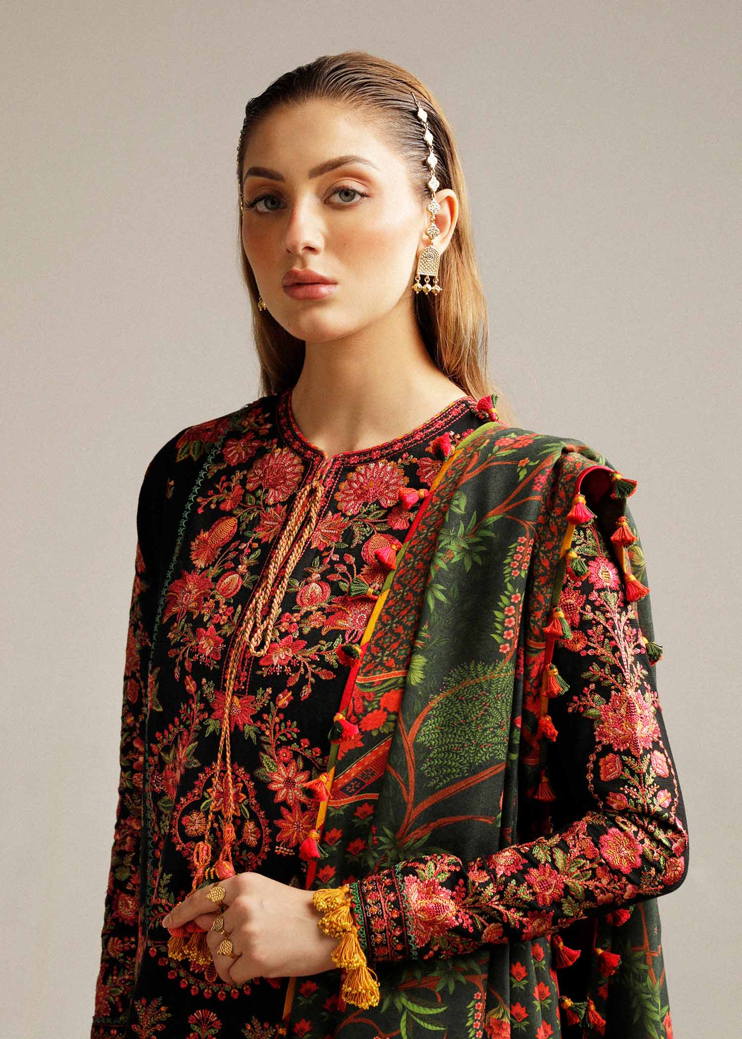 HUSSAIN REHAR - 3PC Dhanak EMBROIDERED SHIRT WITH Dhanak printed DUPATTA AND TROUSER-KSH5005