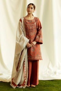 ZARA SHAHJAHAN - 3PC DHANAK EMBROIDERED SHIRT WITH DHANAK EMBROIDERED SHAWL AND TROUSER-KSH5093