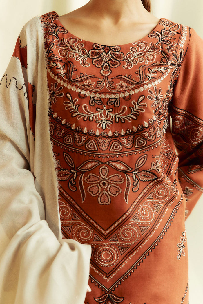 ZARA SHAHJAHAN - 3PC DHANAK EMBROIDERED SHIRT WITH DHANAK EMBROIDERED SHAWL AND TROUSER-KSH5093